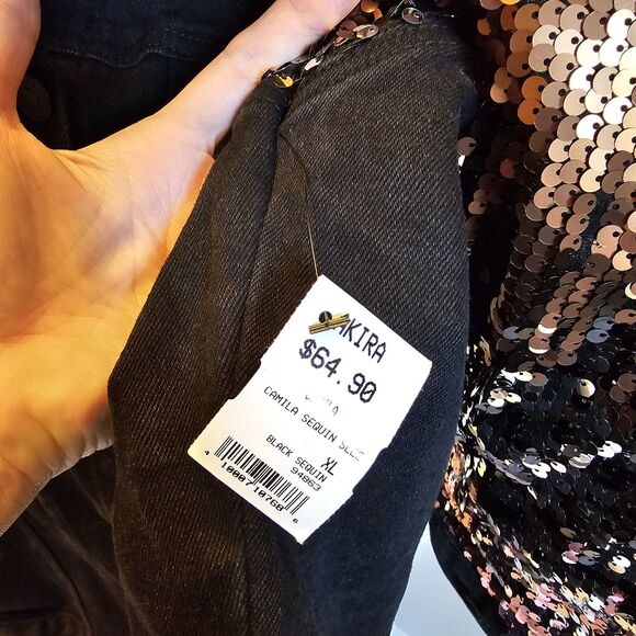 AKIRA Camila Sequin Sleeve Black Denim Jean Jacket Womens XL New NWT Bling - Picture 7 of 9